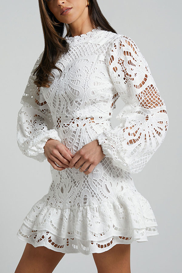 Solid Color Hollow Long-sleeved Waisted Lace Mini Dress-consonak