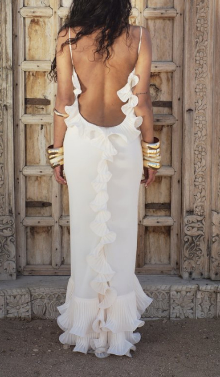 Alisin Pleated Chiffon Wavy Ruffles Trim Slip Maxi Dress-consonak