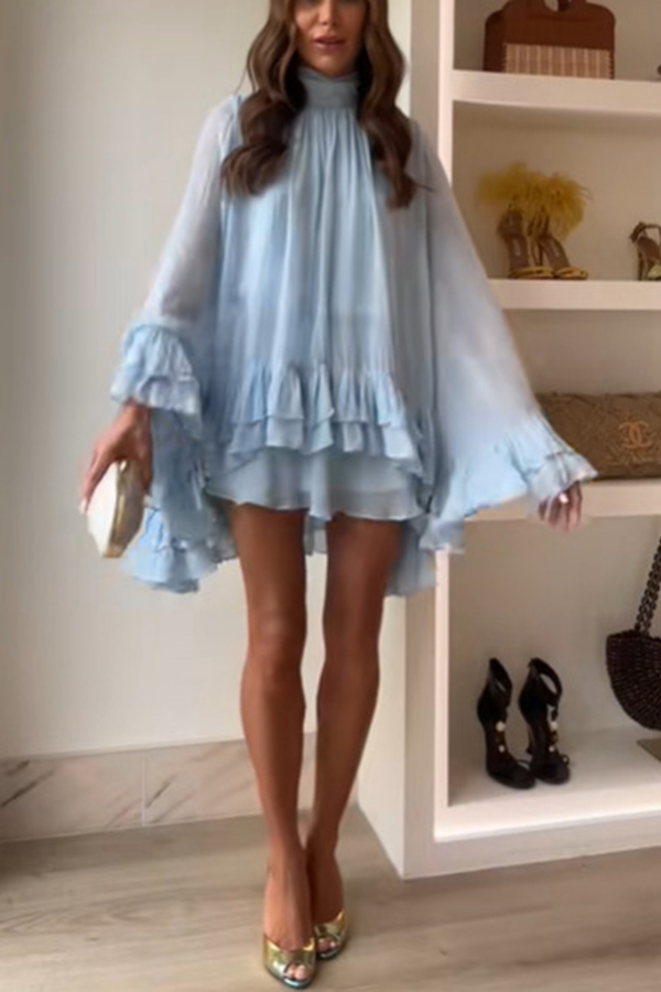 Solid Color Chiffon Trumpet Sleeve Loose Mini Dress-consonak