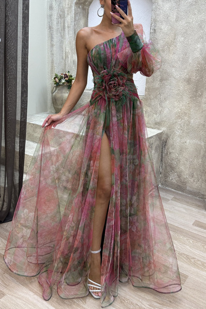 Elegant and beautiful chiffon floral pleated single shoulder sleeve slit long skirt for family-consonak