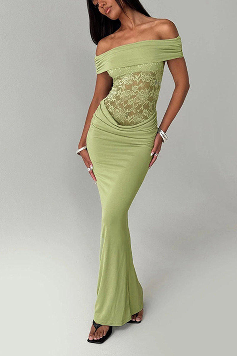 Women's Spring/Summer New Solid Color Off Shoulder Splicing Lace Extra Long Slimming Dress-consonak