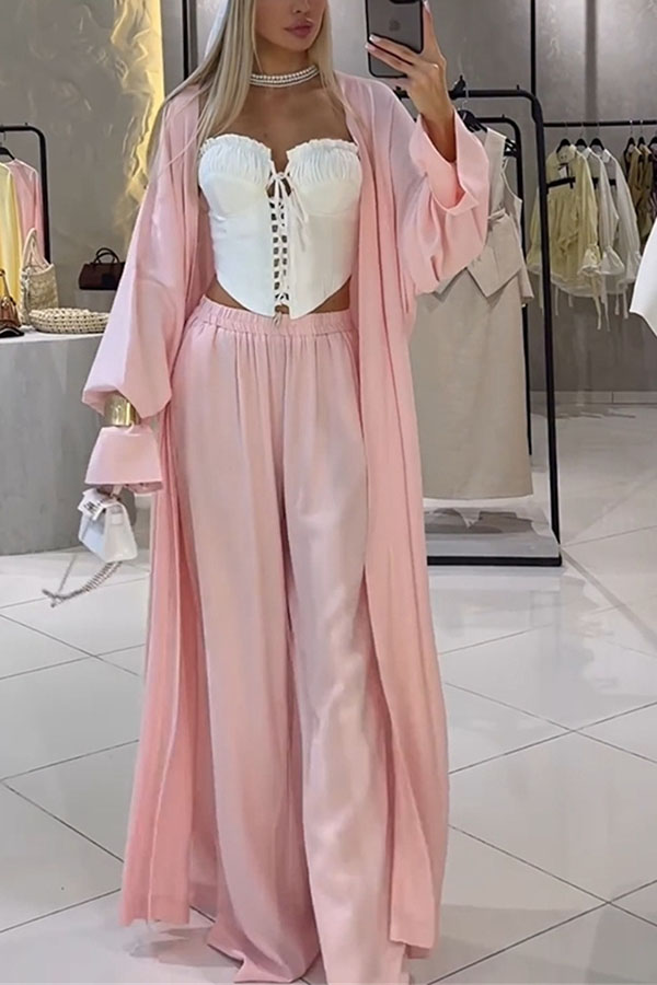 Beach Cottage Open Front Long Pleated Lantern Sleeve Long Cover-up Jacket-consonak