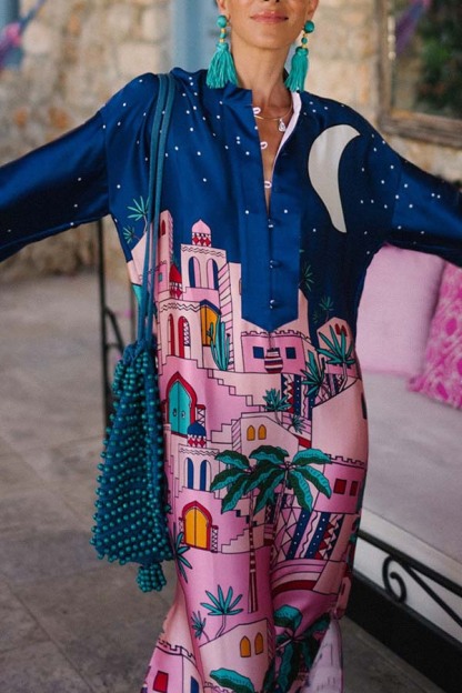 Seaside Stroll Satin Unique Print Button Up Long Sleeve Slit Kaftan Midi Dress-consonak