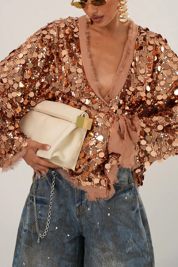 Fashion Sequined Long-sleeved V-neck Loose Lace-up Cardigan-consonak