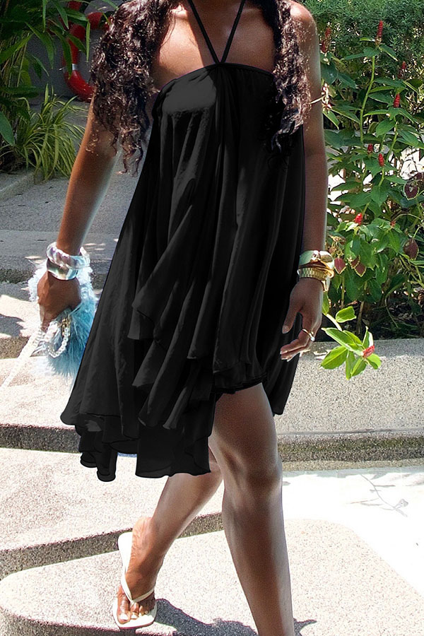Chiffon Solid Color Halter Backless Irregular Mini Dress-consonak