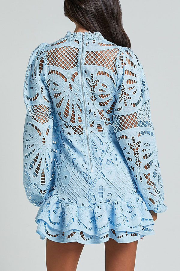Solid Color Hollow Long-sleeved Waisted Lace Mini Dress-consonak
