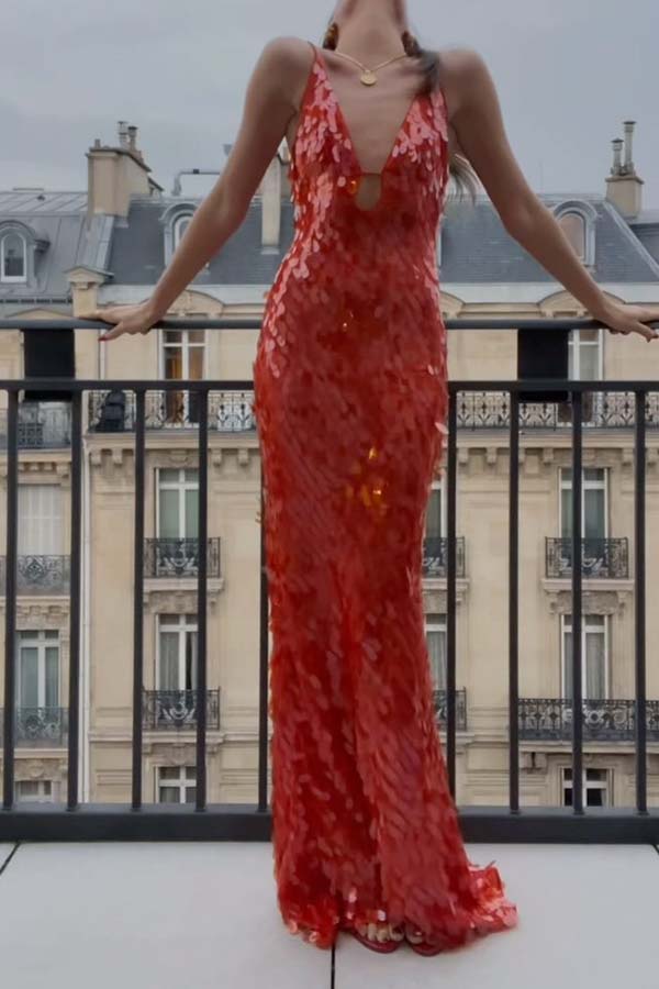 Reshape Beauty Fish Scale Sequin Cutout U-neck Slip Maxi Dress