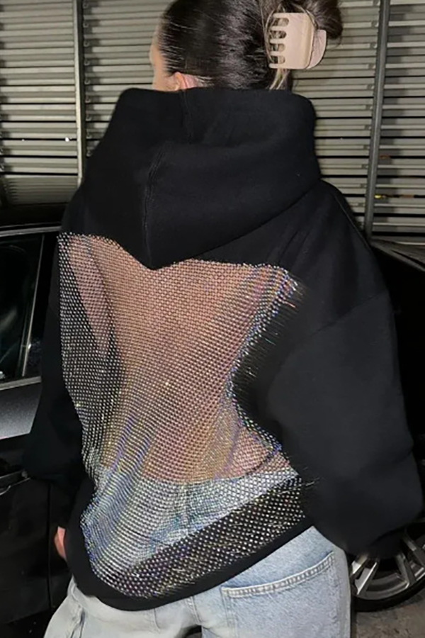 Fashionable Shiny Mesh Hollow Back Loose Long-sleeved Hooded Sweatshirt-consonak