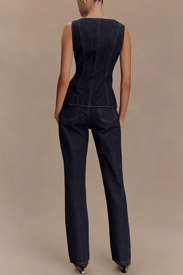 Stassi Denim High Waist Pocketed Straight Leg Jeans-consonak