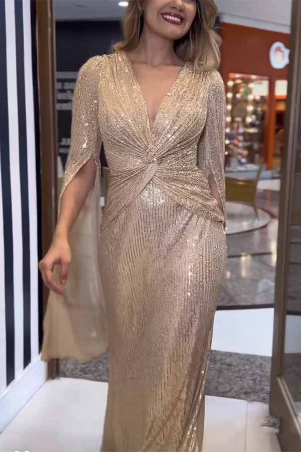 Shine Brighter Sequin Cape Sleeve Cross Waist Evening Maxi Dress | Consonak