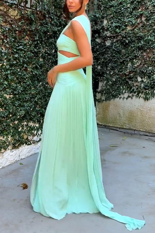 Forest Muse Chiffon Pleated Off Shoulder Cutout Waist Cape Maxi Dress-consonak