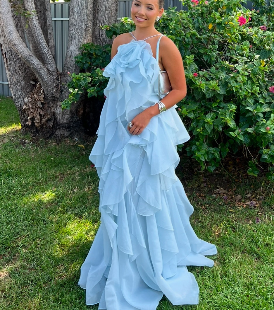 Free - Flowing Rose Detail Tiered Ruffles Halter A-line Maxi Dress-consonak