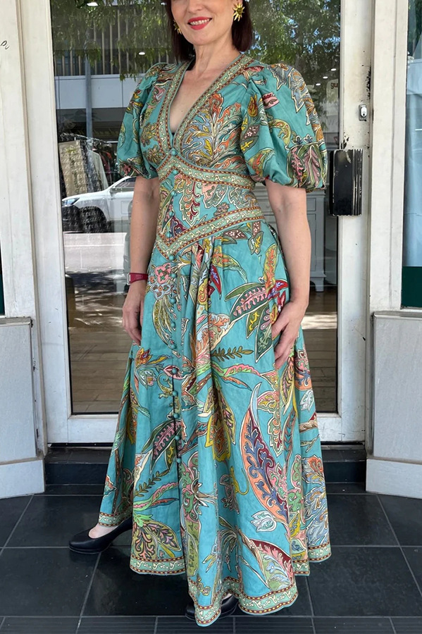 Chic Vacation Linen Blend Unique Print Button Puff Sleeve Pocket Maxi Dress-consonak