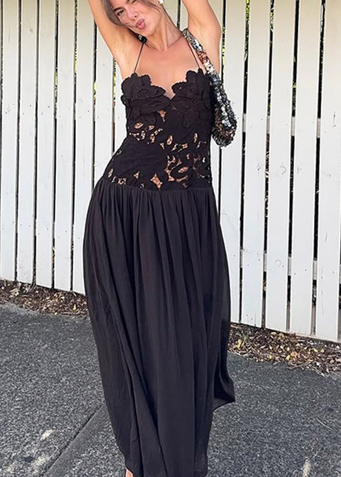 Stephanie Flower Crochet Lace Bust Chiffon Fluffy Hem Maxi Dress-consonak
