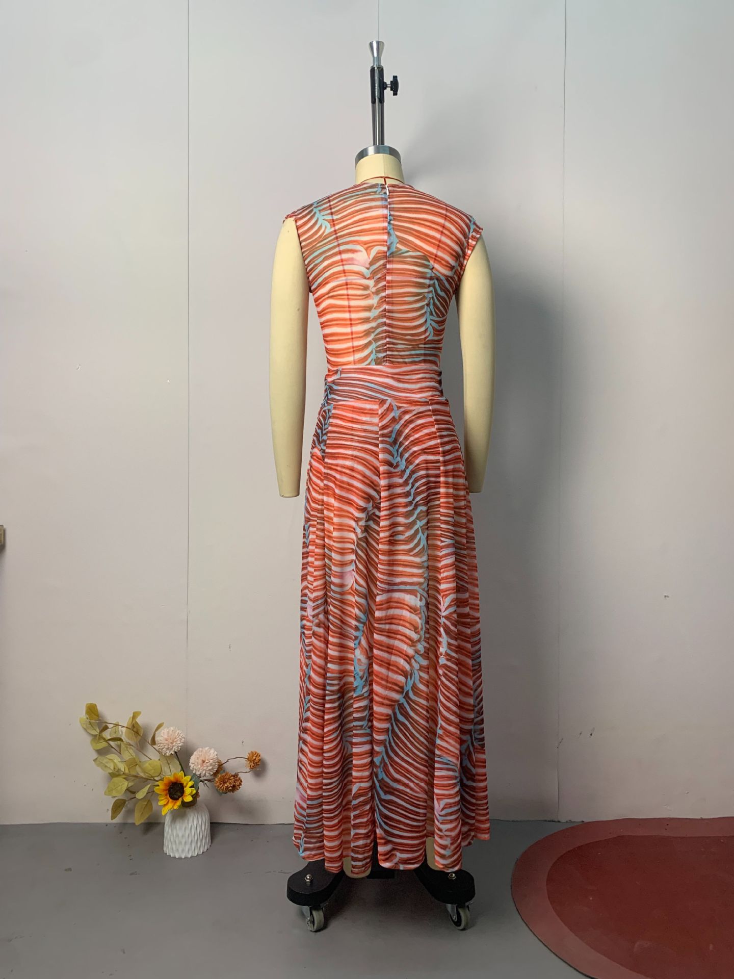 Bella Stretch Mesh Unique Print Bodysuit and High Rise Elastic Waist Maxi Skirt Set-consonak