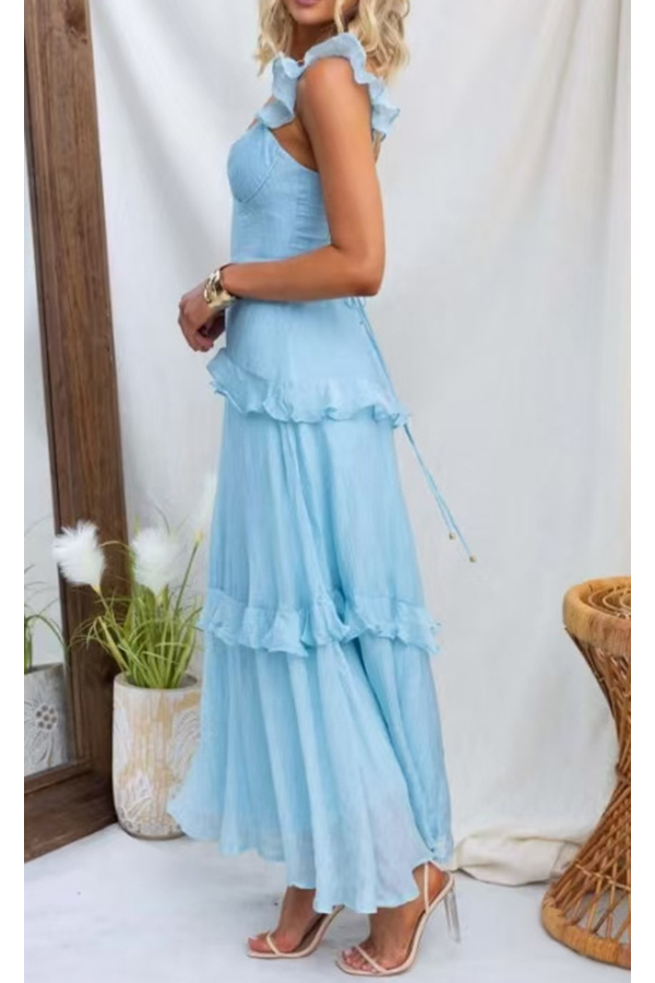 Solid Color Halter Backless Tie Elegant Ruffle Maxi Dress-consonak