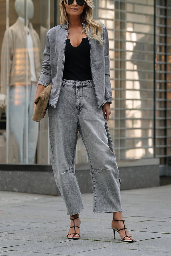 Casual Meetup Denim Stand Neck Long Sleeve Belted Loose Jacket-consonak