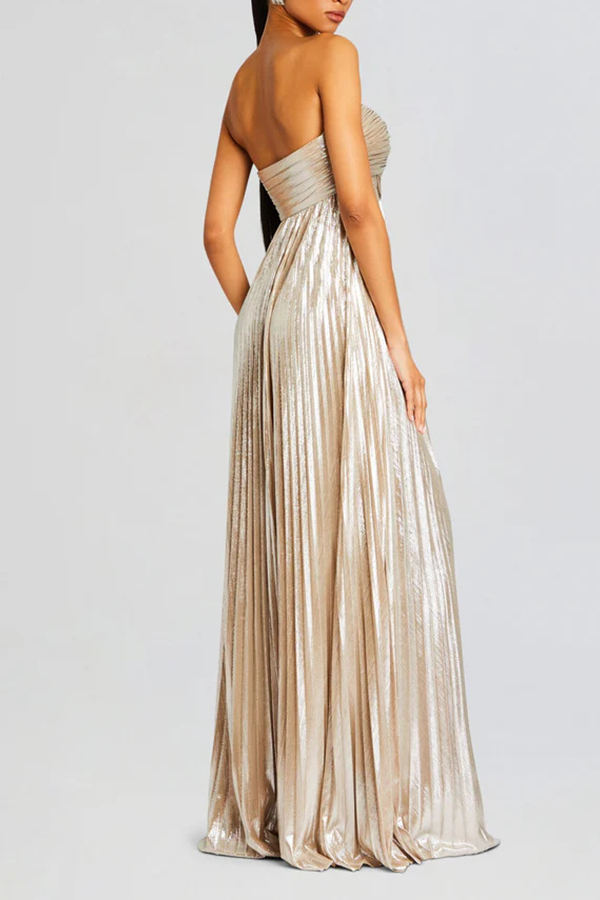 Metallic Sexy Tube Top Pleated High Slit Maxi Dress-consonak