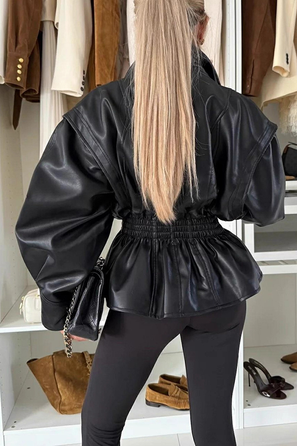 Play It Cool Faux Leather Single Button Elastic Waist Lapel Moto Jacket-consonak