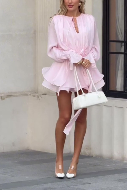 Solid Color Long Sleeve V-Neck Lace-Up Elegant Flower Decorated Mini Dress-consonak