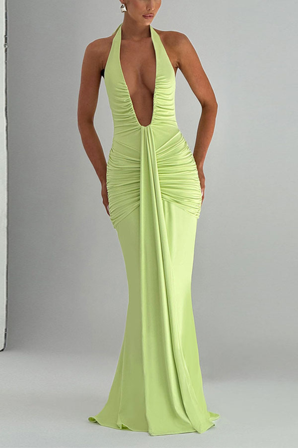 Solid Color Elegant Halterneck V-neck Open Back Tie Gathered Maxi Dress-consonak