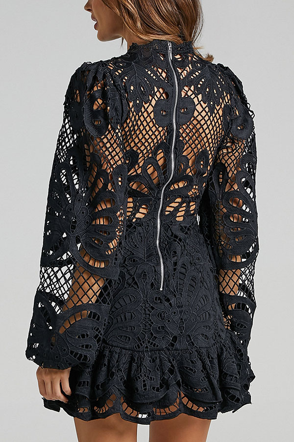 Solid Color Hollow Long-sleeved Waisted Lace Mini Dress-consonak