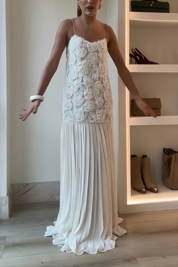 Indulge in Floral Applique Pleated Chiffon Hem Slip Maxi Dress-consonak