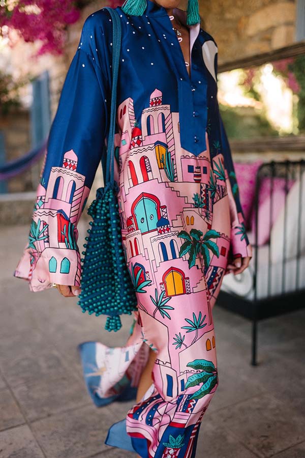 Seaside Stroll Satin Unique Print Button Up Long Sleeve Slit Kaftan Midi Dress-consonak