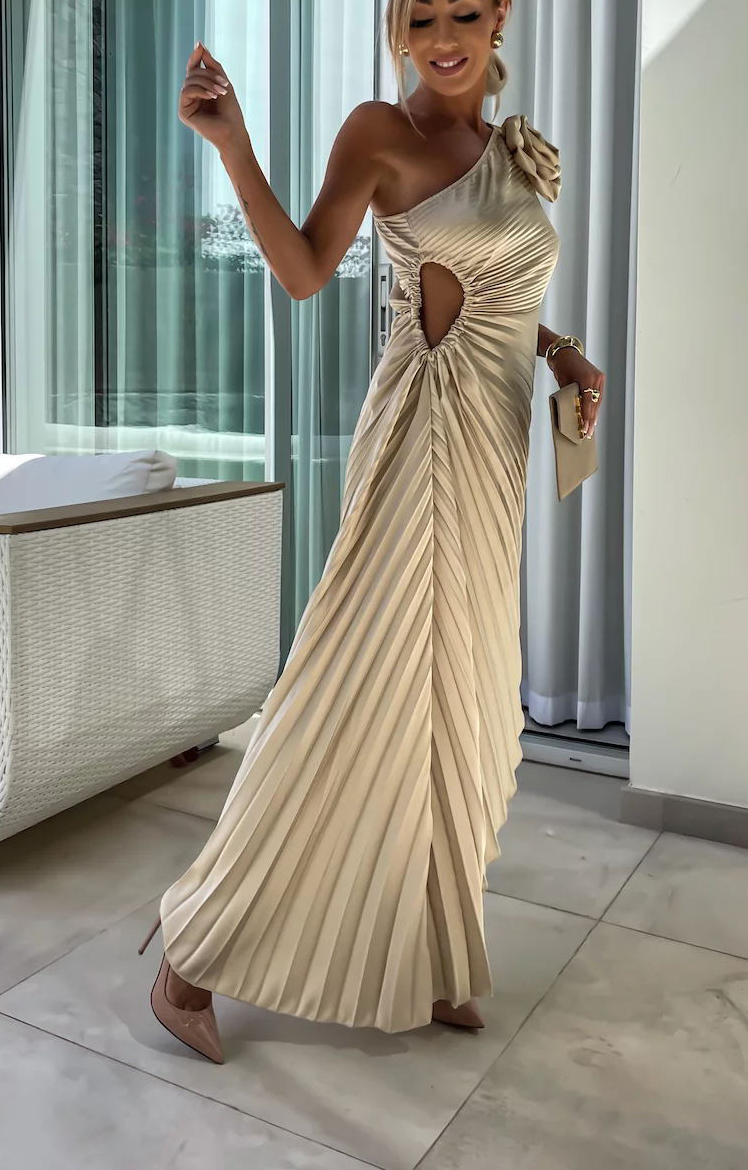 Romantic Nights Satin Raised Flower Elastic Cutout One Shoulder Pleated Maxi Dress-consonak