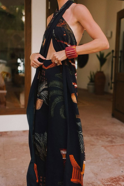 Jungle Elf Unique Print Halter Slit Midi Tank and Elastic Waist Wide Pants Set-consonak