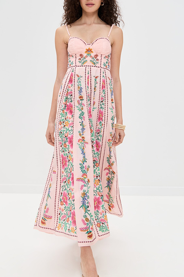 Linen Blend Delicate Forest Unique Print Sweetheart Neck Beaded Straps Maxi Dress | Consonak