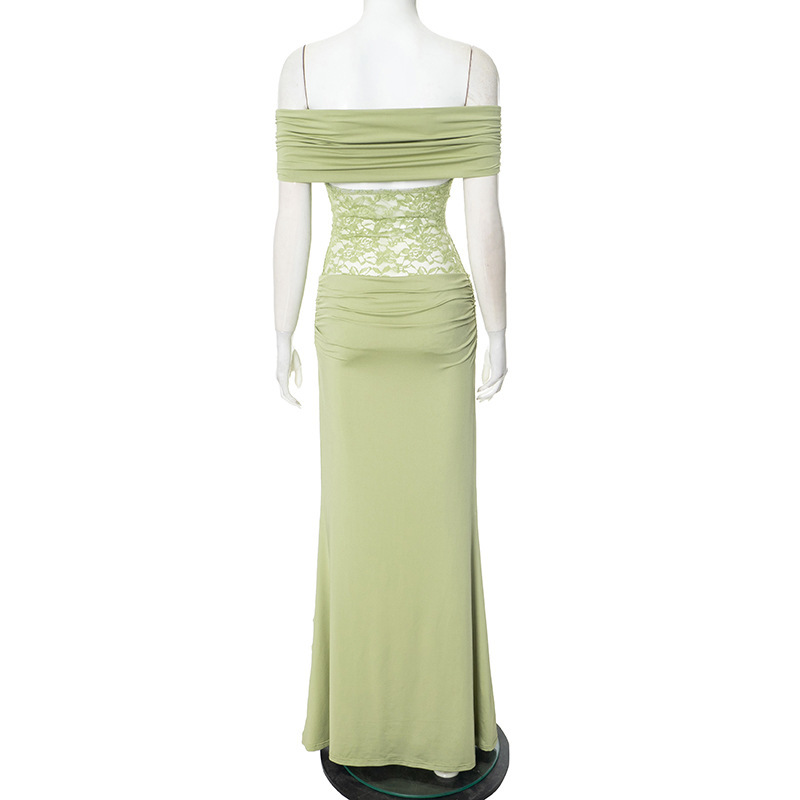 Women's Spring/Summer New Solid Color Off Shoulder Splicing Lace Extra Long Slimming Dress-consonak