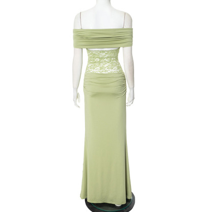 Women's Spring/Summer New Solid Color Off Shoulder Splicing Lace Extra Long Slimming Dress-consonak