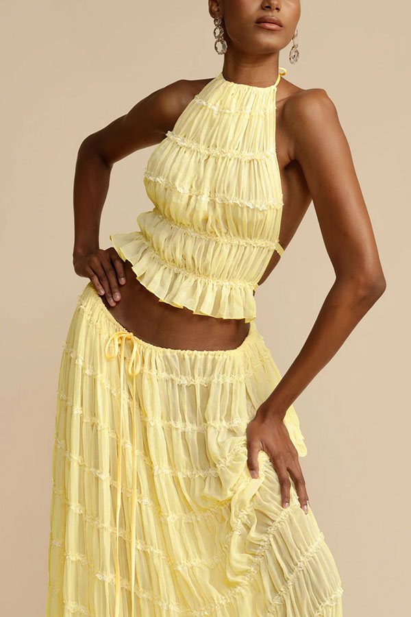 Versatile retro charm pleated drawstring waistline long skirt set | Consonak