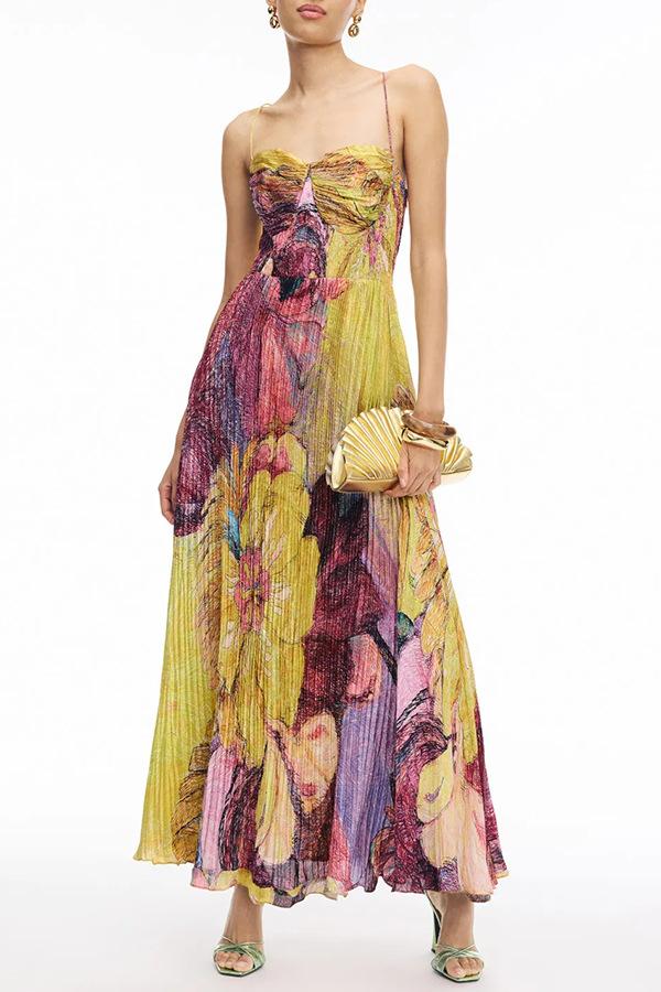 Vibrant and Bold Floral Print Sweetheart Neck Pleated Maxi Dress | Consonak