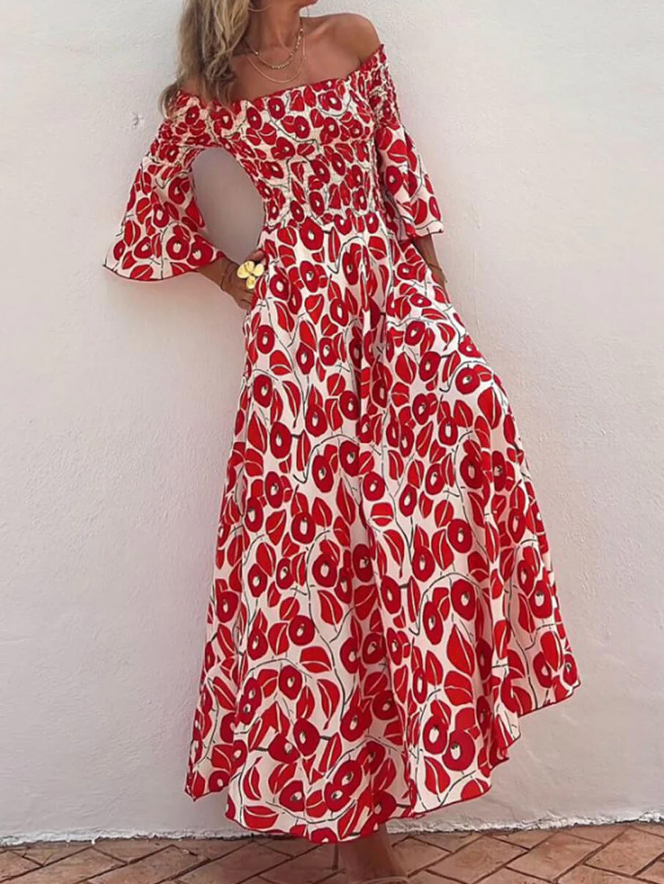 Ladies' Vacation Flower Street Elegant Printed Off Shoulder Waist Pocket Long Dress | Consonak