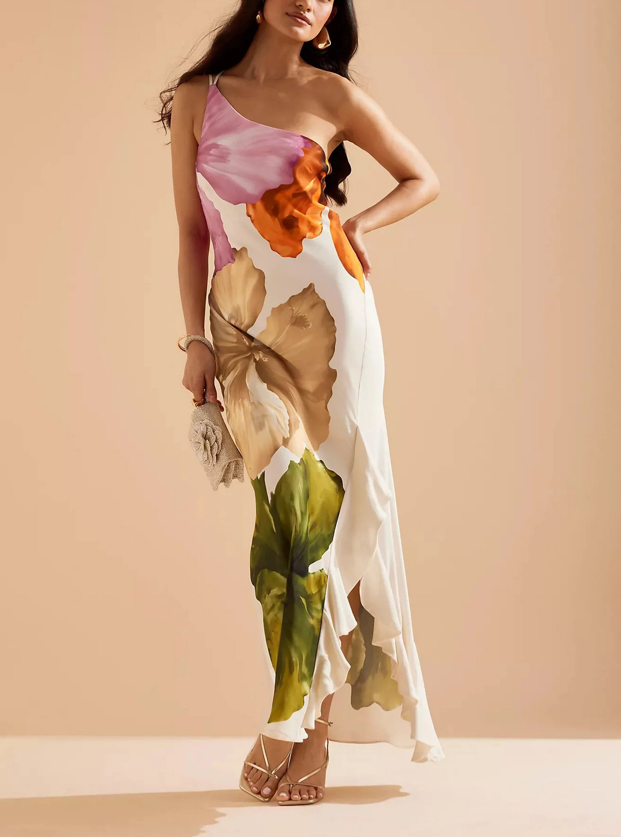 Ladies' Fashion Design Flower Printed Elegant Single Shoulder Side Ruffle Long Dress-consonak