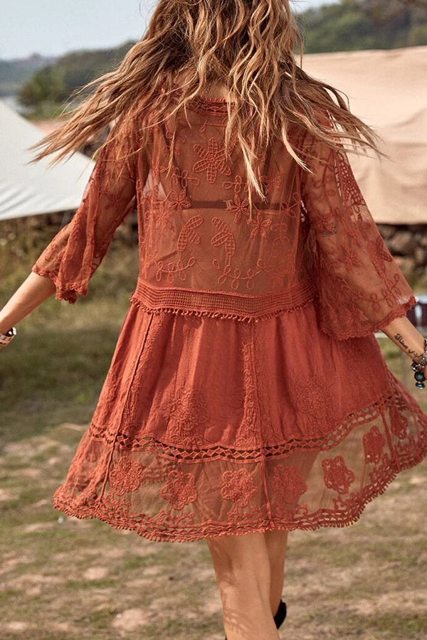 Lace V Neck Hollow Short Sleeved Cover Up-consonak