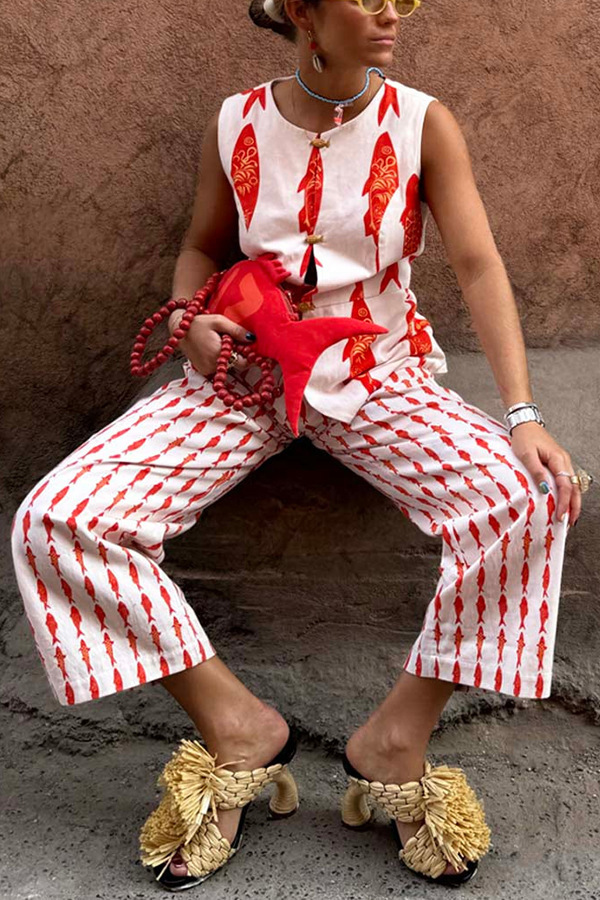 Good Luck Linen Blend Koi Pattern High Rise Elastic Waist Loose Pants-consonak