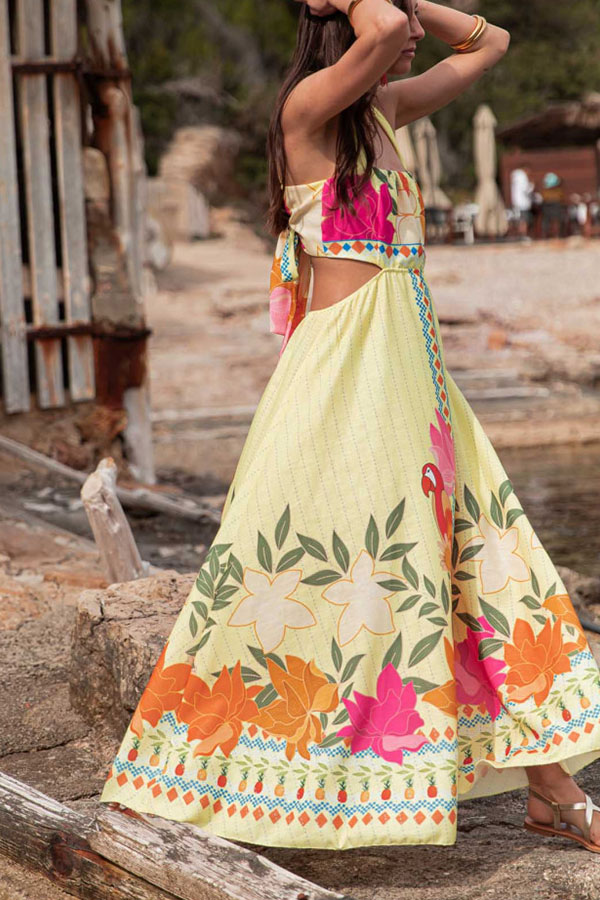 Resort Style Unique Print Sexy Square Neck Backless Waist Maxi Dress-consonak