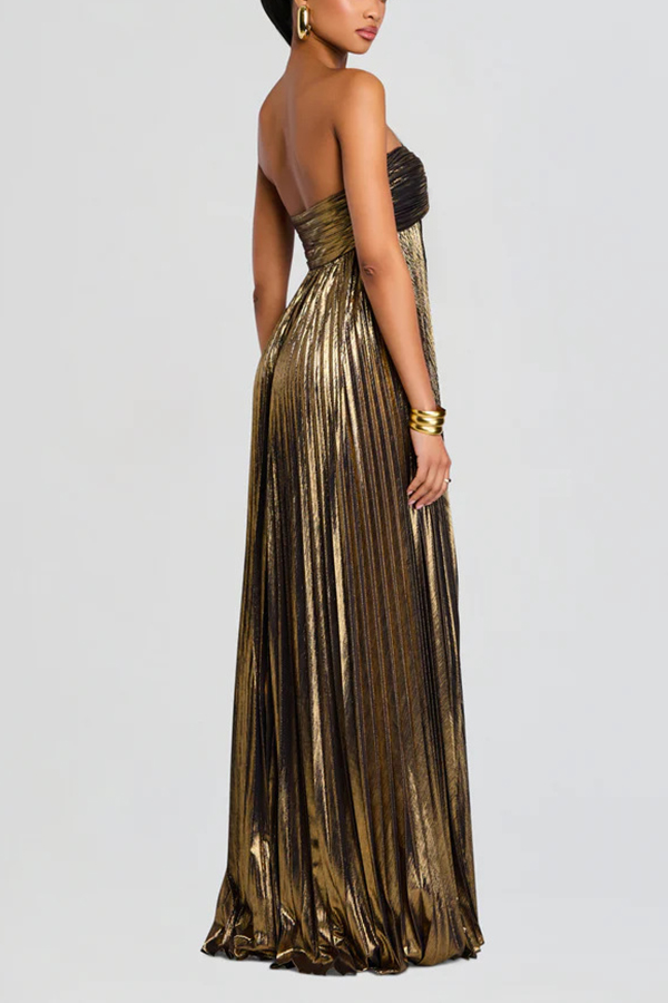 Metallic Sexy Tube Top Pleated High Slit Maxi Dress-consonak