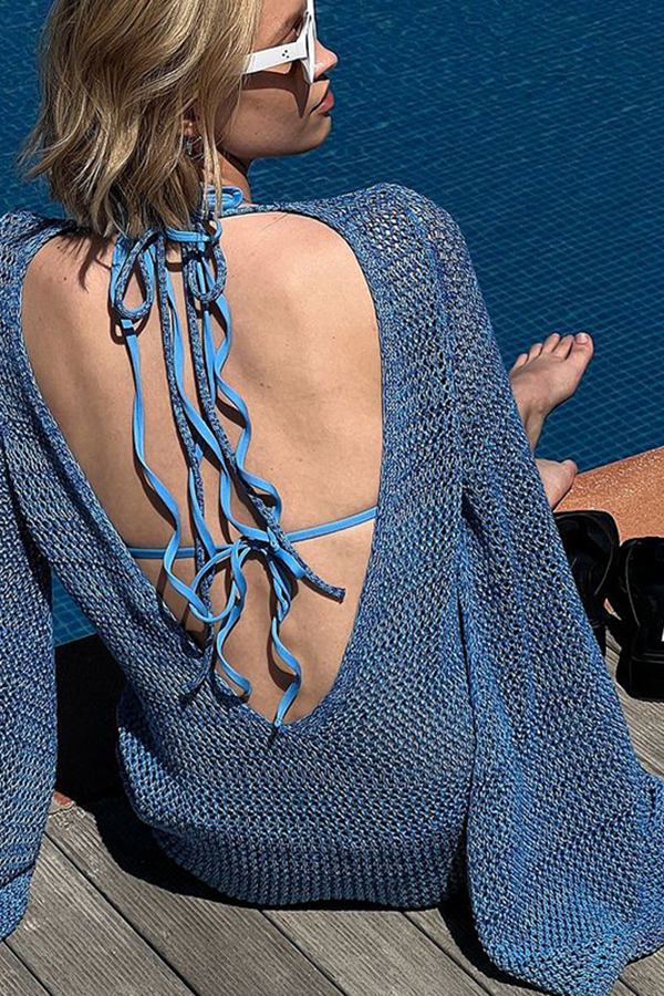 Knitted Dolman Sleeves Cutout Crew Neck Tie Backless Cover Up-consonak