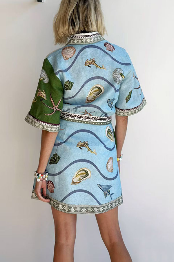 Deep Sea Dreaming Linen Blend Unique Print Tie-up Pocketed Shirt Mini Dress-consonak