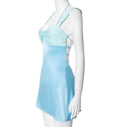 Splicing sleeveless sexy mini women's long robe satin strapless backless lace up high waisted A-line party dress-consonak