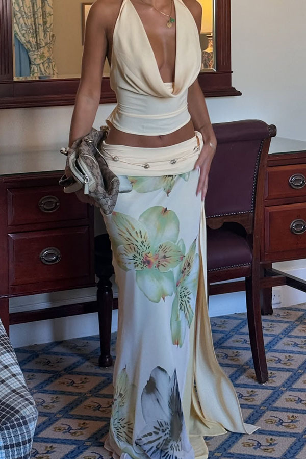 Beautiful Statement Cowl Neck Halter Tank and Floral Ruched Waist Slit Maxi Skirt Set-consonak