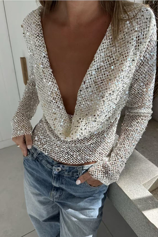 Fashionable Sequined Fishnet Casual Long-sleeved Top