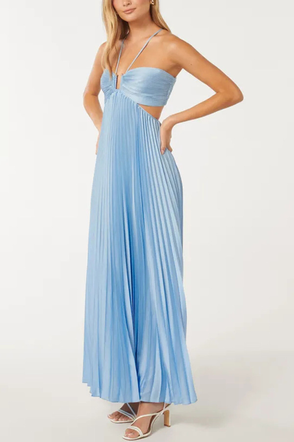 Caught Your Eye Satin Pleated Cross Straps Cutout Flowing Maxi Dress-consonak