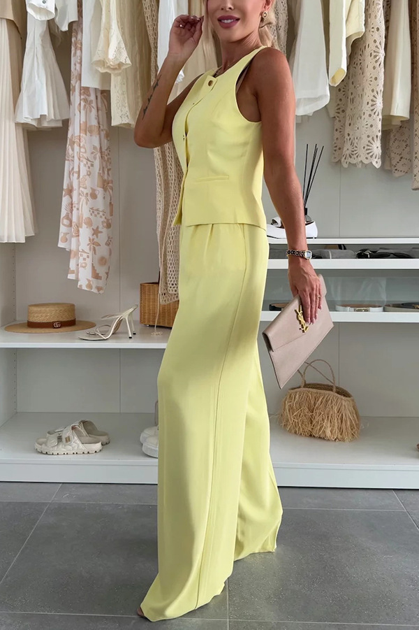 Workplace Chic Sleeveless Button Vest and Relaxed Pocket Wide Leg Pants Set-consonak
