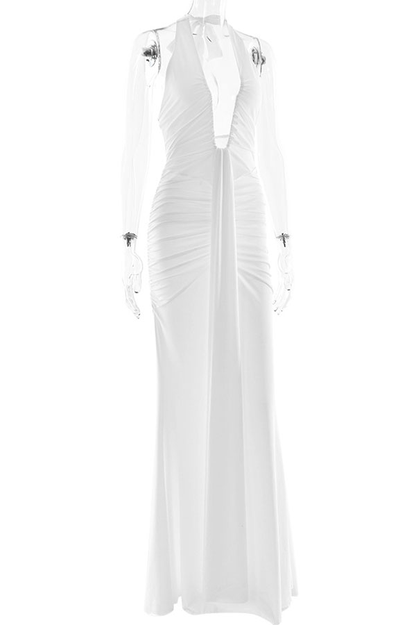 Solid Color Elegant Halterneck V-neck Open Back Tie Gathered Maxi Dress-consonak