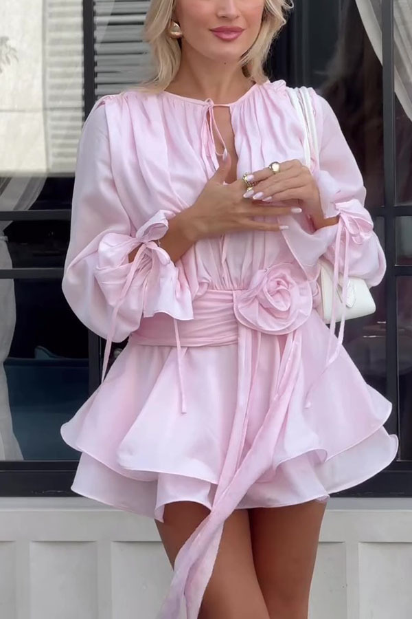 Solid Color Long Sleeve V-Neck Lace-Up Elegant Flower Decorated Mini Dress-consonak